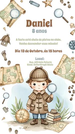 Convite Aniversário Tema Detetive para Editar Online