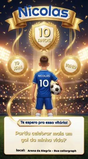 Convite de Aniversário Futebol Dourado para Editar