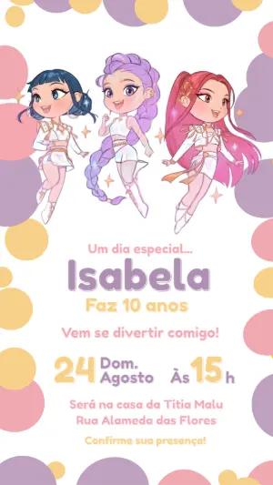 Convite de Aniversário Guerreiras do K-pop Chibi em Tons Pastéis para Editar