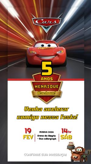 Convite de Aniversário Carros Relâmpago McQueen Editável
