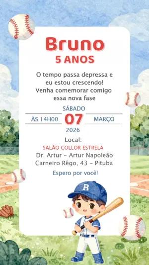 Convite Digital Aniversário Tema Beisebol Aquarela Editável