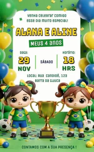 Convite Digital Aniversário Futebol Meninas Brasil Editável