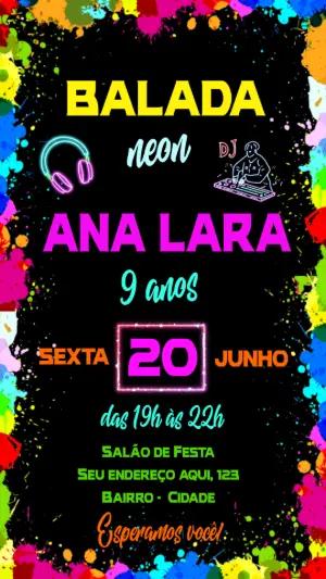 Convite Aniversário Balada Neon Colorido para Editar Online
