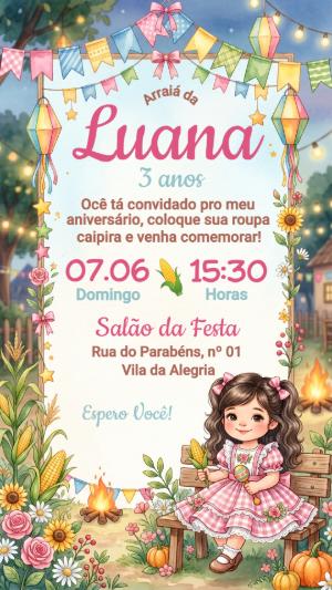 Convite de Aniversário Festa Junina Menina Caipira Editável