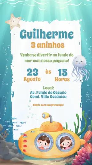 Convite Aniversário Fundo do Mar Aquarela para Editar Online