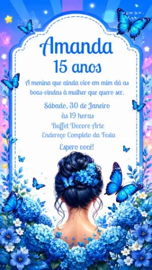 Convite 15 Anos Borboletas Azul Floral Modelo Editável