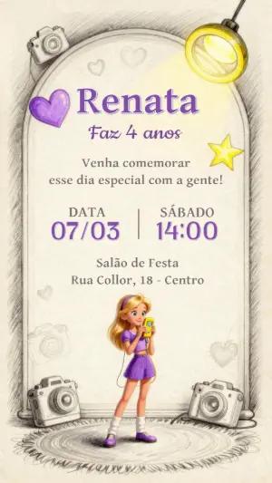 Convite de Aniversário Menina Roxo Estilo Desenho Editável
