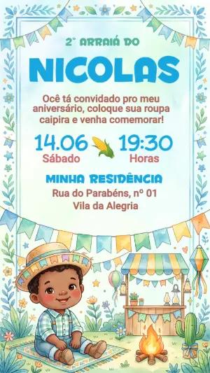 Convite Festa Junina Infantil Menino Aquarela Editável