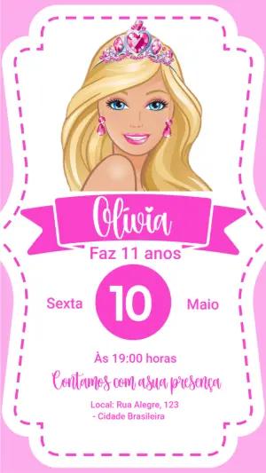 Convite Digital Aniversário Tema Barbie Princesa Editável