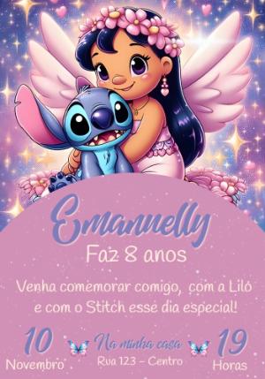 Convite de Aniversário Lilo e Stitch Anjo Rosa Editável