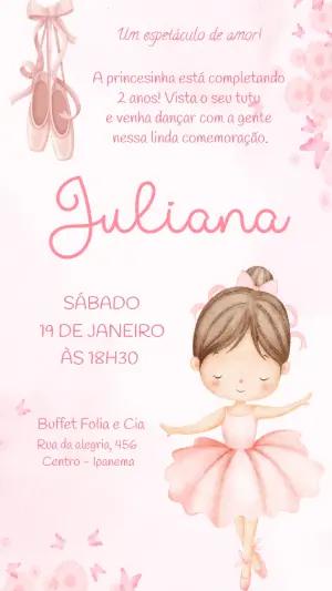 Convite de Aniversário Bailarina Aquarela Rosa para Editar