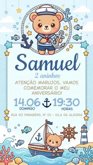 Convite de Aniversário Ursinho Marinheiro Fofo para Editar