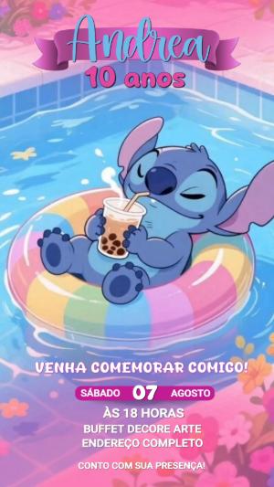 Convite Animado Aniversário Stitch Pool Party para Editar