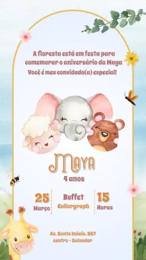 Convite Aniversário Animais Aquarela para Editar Online