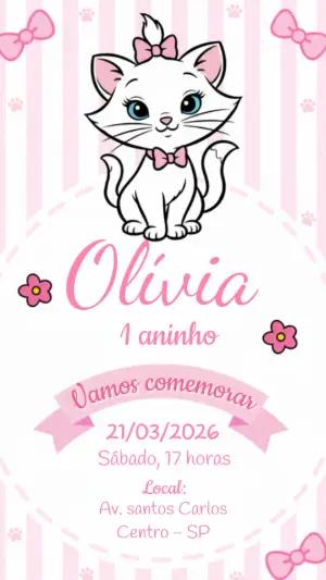 Convite de Aniversário Gatinha Marie Rosa para Editar