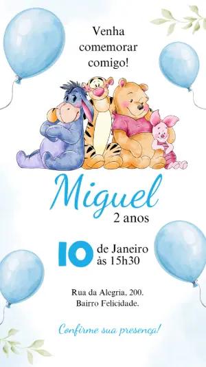 Convite de Aniversário Ursinho Pooh Aquarela Editável