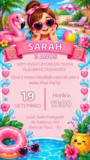 Convite de Aniversário Festa na Piscina Rosa Tropical Editável