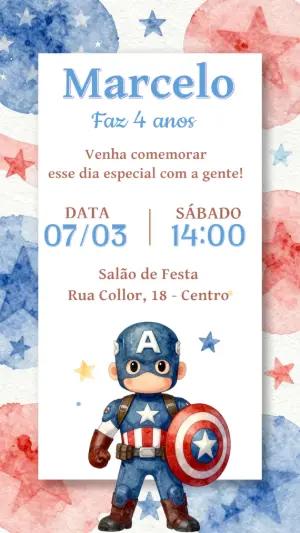 Convite de Aniversário Capitão América Aquarela para Editar