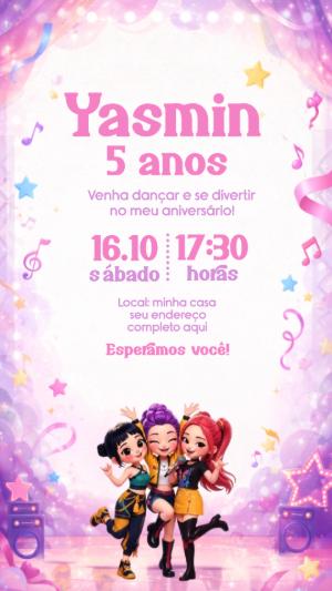 Convite Animado de Aniversário Guerreiras do Kpop para Editar