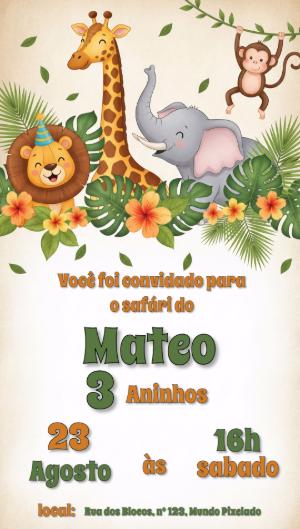 Convite de Aniversário Safari com Animais para Editar Online