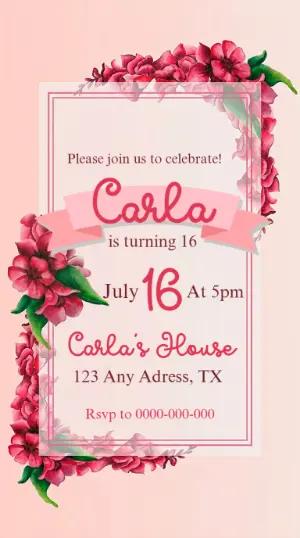 Editable Pink Floral 16th Birthday Invitation Template