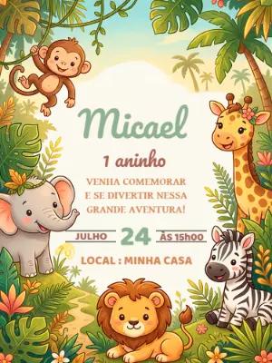 Convite de Aniversário Safari Baby Fofo para Editar