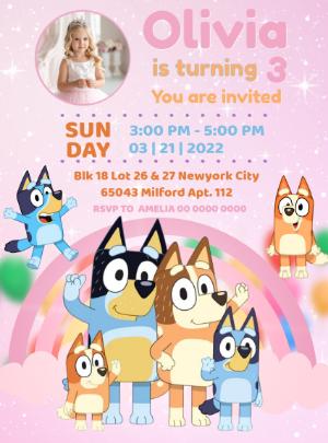Editable Bluey Birthday Invitation for Girls, Pink Party Template with photo