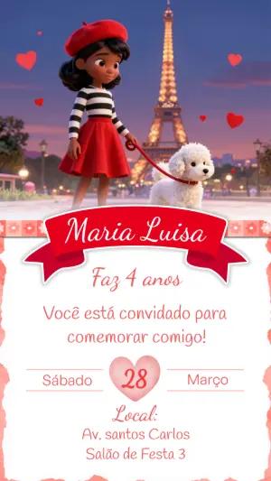 Convite Digital Aniversário Menina Tema Paris para Editar