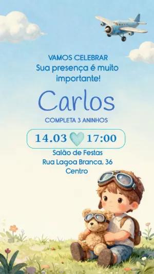 Convite de Aniversário Infantil Aviador em Aquarela Editável