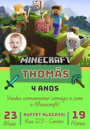 Convite de Aniversário Minecraft com Foto Editável