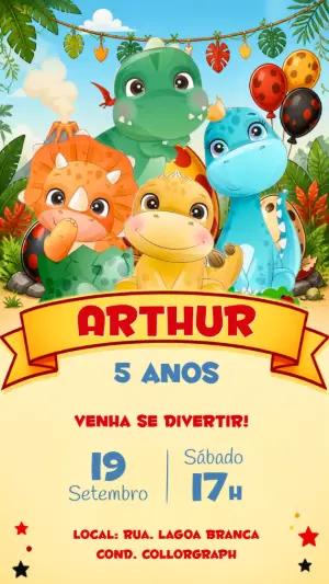 Convite Digital Aniversário Dinossauros Fofos para Editar