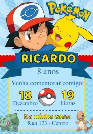 Convite de Aniversário Pokémon com Ash e Pikachu para editar