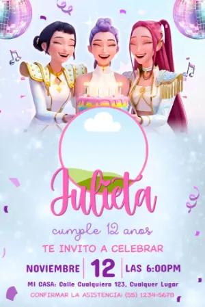 Invitación de Cumpleaños Las Guerreras K-Pop para Editar | Modelo Digital