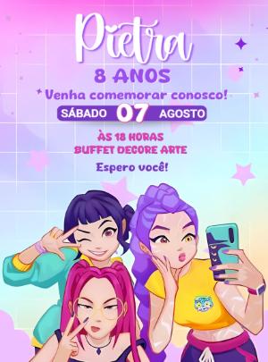 Convite Animado Aniversário K-pop Guerreiras para Editar Online
