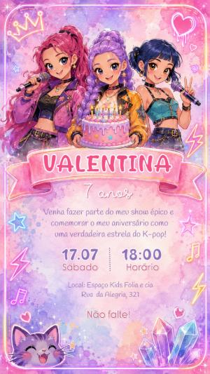 Convite de Aniversário K-pop Guerreiras: Modelo Digital Editável