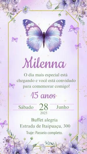 Convite Aniversário Jardim Borboletas Lilás para Editar Online