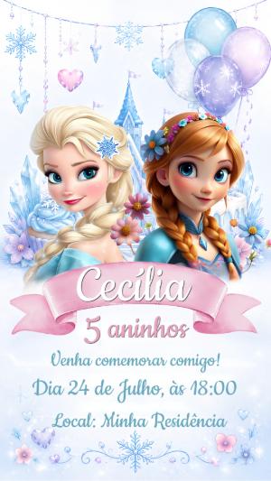 Convite de Aniversário Frozen com Elsa e Anna Editável
