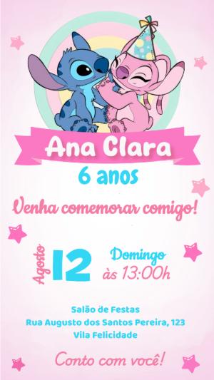 Convite Digital Aniversário Infantil Stitch e Angel Editável