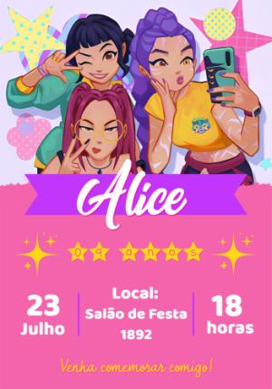 Convite Aniversário Kpop Guerreiras para Editar Online
