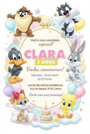Convite Editável Aniversário Baby Looney Tunes Infantil