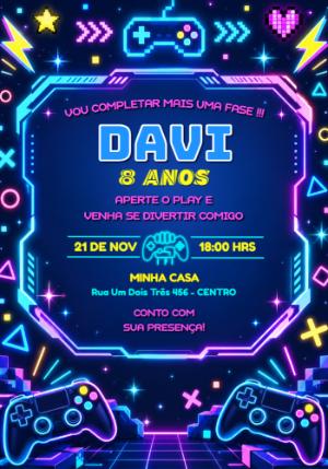 Convite de Aniversário Gamer Neon Editável para Celular